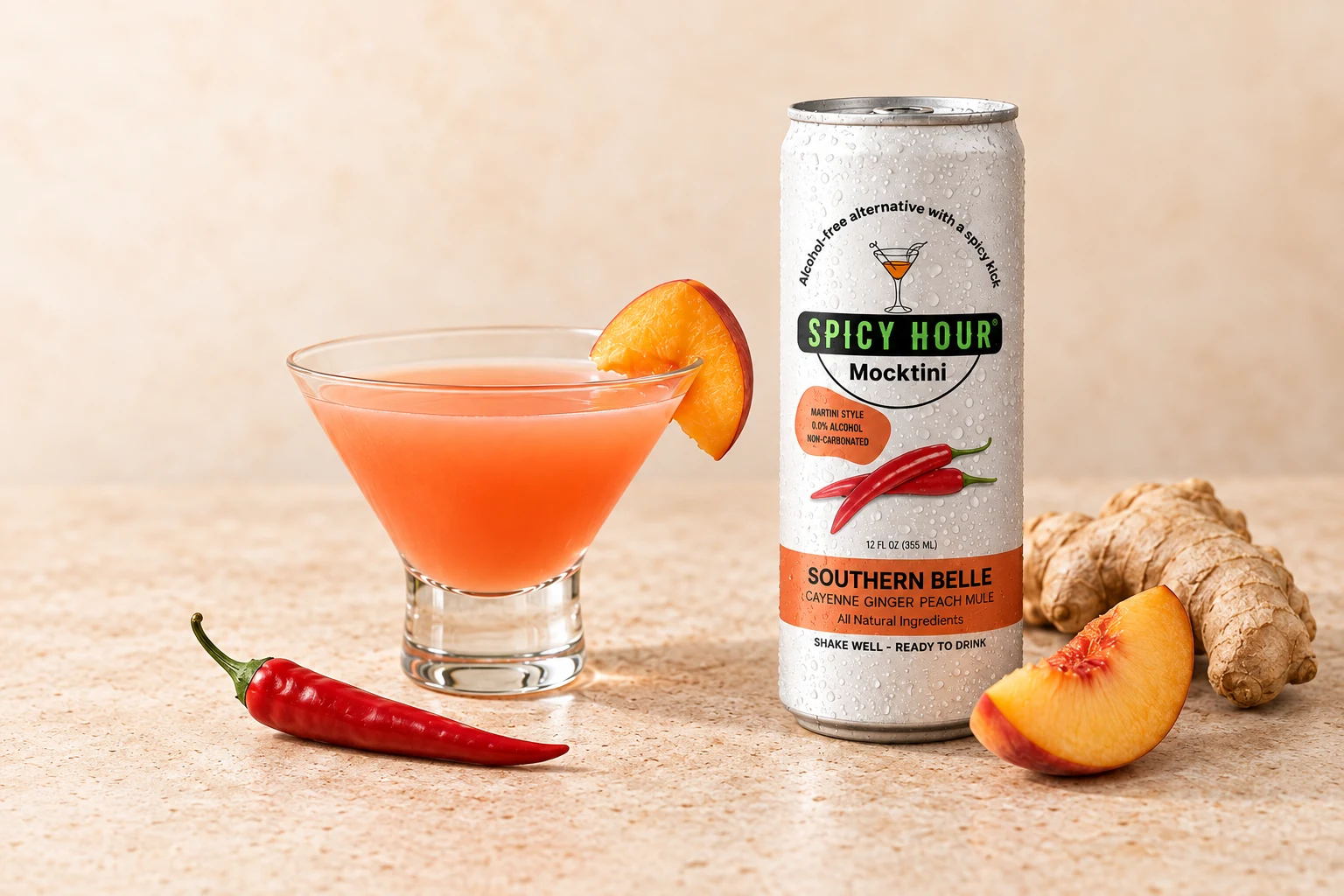 Southern Belle can beside a clean poured cocktail, peach, ginger, and chili